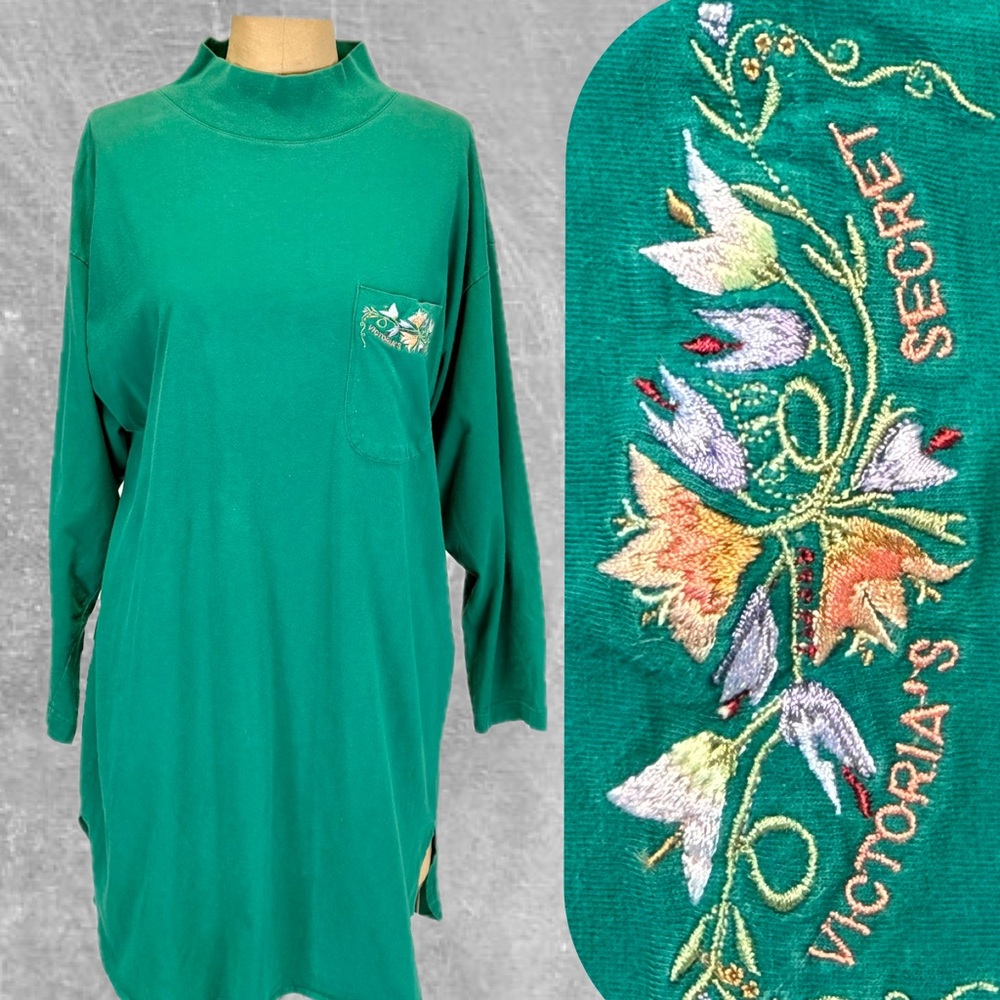 VINTAGE 80s Victorias Secret embroider floral nightgown midi long sleeve cotton